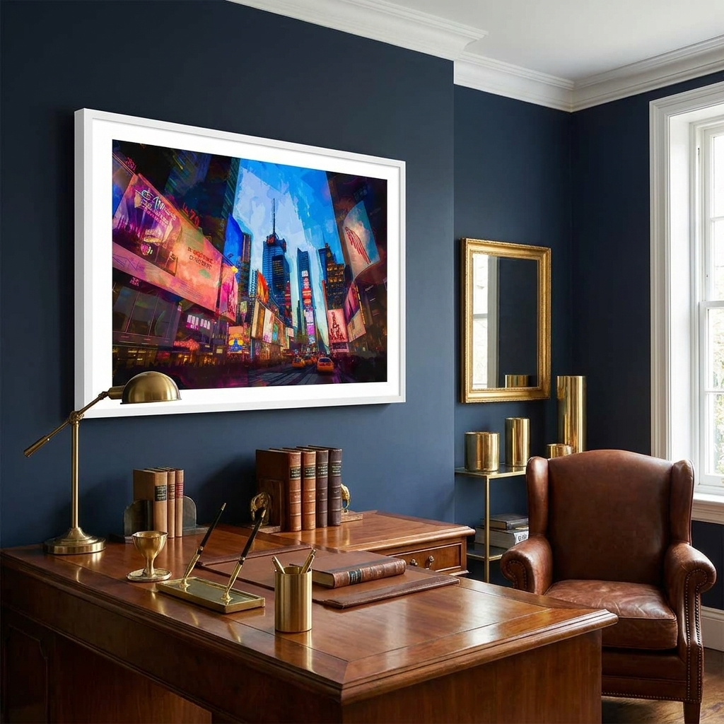 Times Square framed print white frame no mat in navy gold study scene