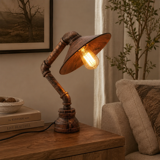 Industrial Steel Pipe Desk Lamp, E27 Table Lamp for Home Office, Study & Bedroom Nightstand, Vintage Style Metal Task Lighting
