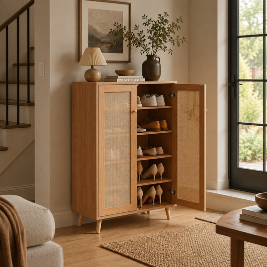 Rattan Shoe Cabinet, 5 Tiers Shoe Storage Organizer with 2 Doors and Adjustable Shelves, 40.35" Tall Rattan Shoe Storage Entryway Cabinet Ideal for Entryway, Closet, Hallway, Light Wood Color