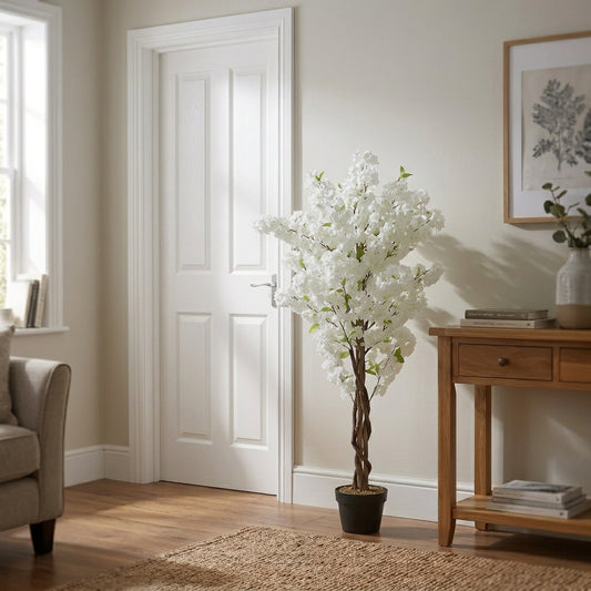 150cm Artificial White Blossom Tree, Tall Faux Silk Flower Tree for Living Room Hallway Office Home Decor, Realistic Elegant Decorative Plant