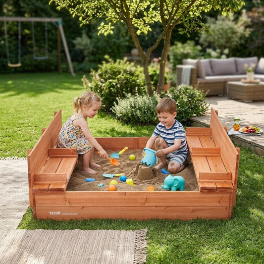 Wooden Sandbox, 52.4 x 47.2 x 16.9 in Sand Box, Sand Pit with Foldable Bench Seats and Bottom Liner, Natural Wood Kids Sandbox for Outdoor Backyard, Beach, Park, Gift for Boys Girls Ages 3-12