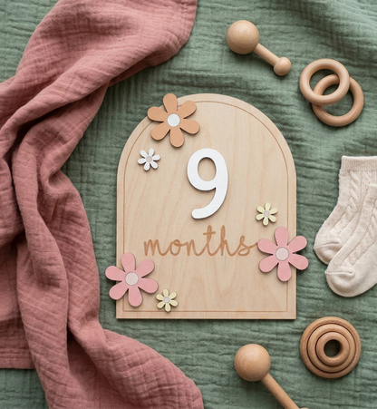 Wooden Baby Milestone Cards for Newborn Photos – Monthly Baby Milestone Plaque Set with Floral Design & Interchangeable Numbers for Baby Girl & Boy Keepsake Pictures (0-12m)