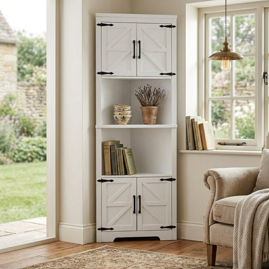 68" Tall Corner Storage Cabinet, 6 Tiers Farmhouse Storage Cabinet with 4 Wooden Doors & Adjustable Shelves, Freestanding Corner Kitchen Cabinet for Living Room, Kitchen, Laundry Room, White