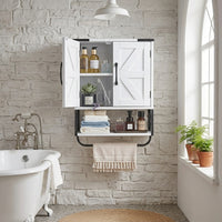 Bathroom Wall Cabinet, with 2 Doors & Adjustable Shelf, Over the Toilet Storage Medicine Cabinet Wall Mounted, Hanging Organizer with Open Partition & Towel Bar for Laundry Room Kitchen, White