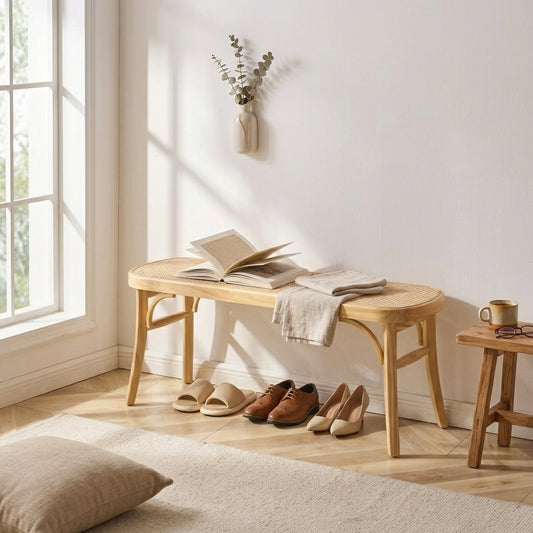 Rattan Bench, 43.3" Wooden Rattan Bench, Entryway Bench with Oak Wood Legs, Bedroom End of Bed Boho Bench with Hand Woven Rattan, for Living Room, Kitchen
