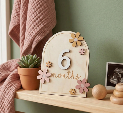 Wooden Baby Milestone Cards for Newborn Photos – Monthly Baby Milestone Plaque Set with Floral Design & Interchangeable Numbers for Baby Girl & Boy Keepsake Pictures (0-12m)