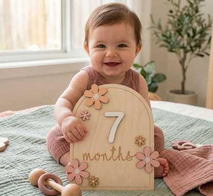 Wooden Baby Milestone Cards for Newborn Photos – Monthly Baby Milestone Plaque Set with Floral Design & Interchangeable Numbers for Baby Girl & Boy Keepsake Pictures (0-12m)