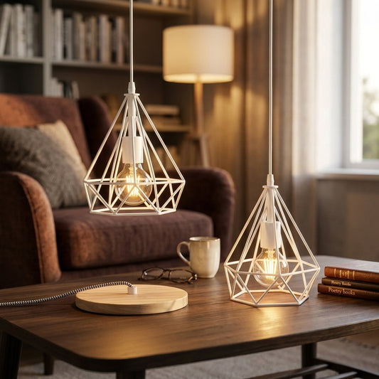 Geometric Wire Cage Pendant Lampshade, E27 Fitting, Metal Ceiling Light Shade for Kitchen Island, Dining Table & Living Room, Modern Industrial Style, Available in 8 Colours