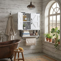 Bathroom Wall Cabinet, with 2 Doors & Adjustable Shelf, Over the Toilet Storage Medicine Cabinet Wall Mounted, Hanging Organizer with Open Partition & Towel Bar for Laundry Room Kitchen, White