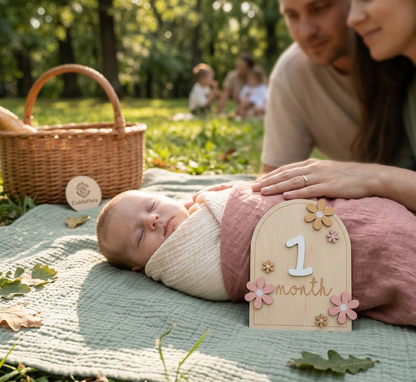 Wooden Baby Milestone Cards for Newborn Photos – Monthly Baby Milestone Plaque Set with Floral Design & Interchangeable Numbers for Baby Girl & Boy Keepsake Pictures (0-12m)