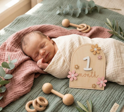 Wooden Baby Milestone Cards for Newborn Photos – Monthly Baby Milestone Plaque Set with Floral Design & Interchangeable Numbers for Baby Girl & Boy Keepsake Pictures (0-12m)