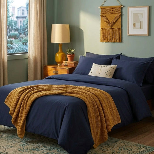 Ink Blue Cotton Duvet Cover, 240 x 220cm, Soft Breathable Cotton Bedding for Bedroom & Guest Room, Simple Modern Solid Colour Design