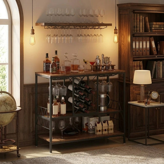 40 Inch Industrial Bar Cabinet, Wine Table for Liquor and Glasses, Sideboard Buffet Cabinet with Glass Holder & Wine Rack, Freestanding Farmhouse Wood Coffee Bar Cabinet for Living Room Home Bar