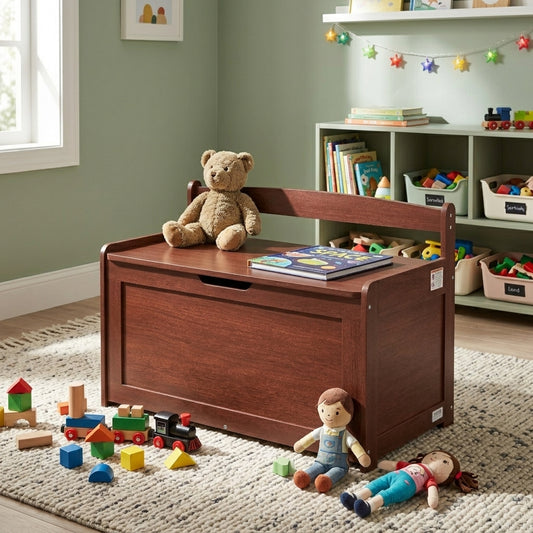 Wooden Toy Chest for Kids, Toddler Toy Storage Box with Flip-Top Lid and Safety Hinge, 32.68 x 17.91 x 24.02" Large Kids Storage Bench for Playroom, Bedroom, Living Room or Entryway, Cherry