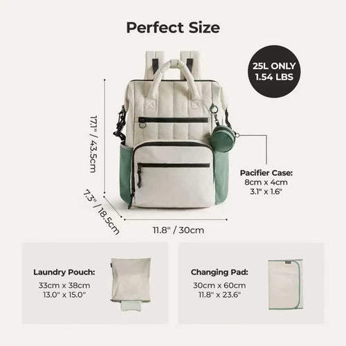 White And Green Contrast Backpack Diaper Bag - With Small Pouch Minimalist Large-Capacity Baby Essentials Organizer