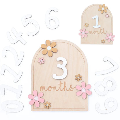 Wooden Baby Milestone Cards for Newborn Photos – Monthly Baby Milestone Plaque Set with Floral Design & Interchangeable Numbers for Baby Girl & Boy Keepsake Pictures (0-12m)