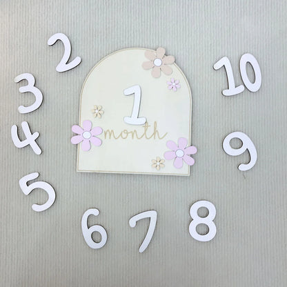 Wooden Baby Milestone Cards for Newborn Photos – Monthly Baby Milestone Plaque Set with Floral Design & Interchangeable Numbers for Baby Girl & Boy Keepsake Pictures (0-12m)