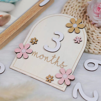Wooden Baby Milestone Cards for Newborn Photos – Monthly Baby Milestone Plaque Set with Floral Design & Interchangeable Numbers for Baby Girl & Boy Keepsake Pictures (0-12m)