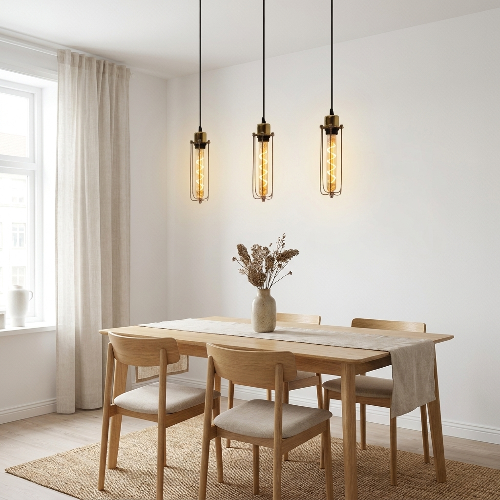Cage Pendant Light Long Tube Cluster Fixture styled lifestyle image - Yellow Brass / Yes