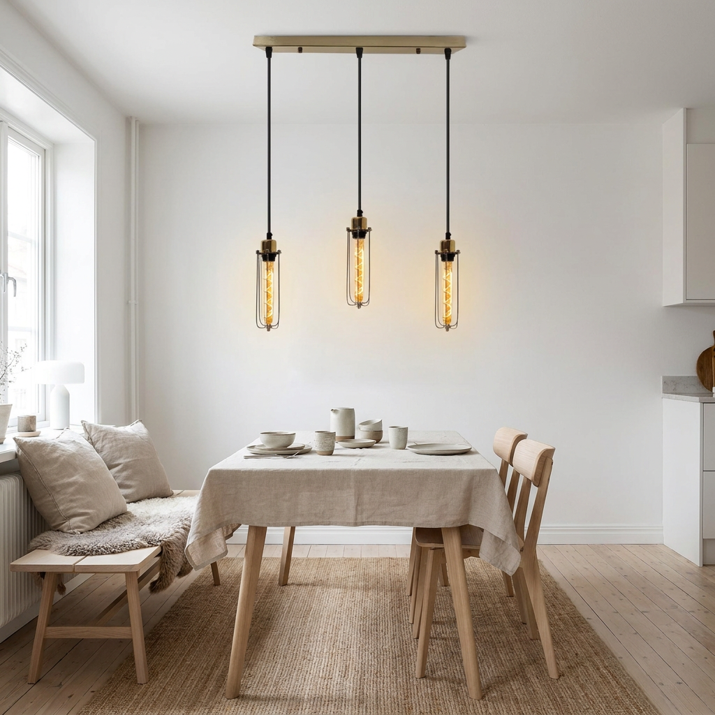 Cage Pendant Light Long Tube Cluster Fixture styled lifestyle image - Yellow Brass / No