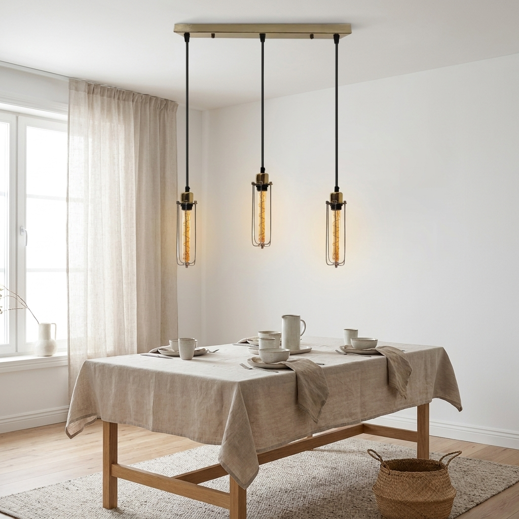 Cage Pendant Light Long Tube Cluster Fixture styled lifestyle image - Brushed Brass / No