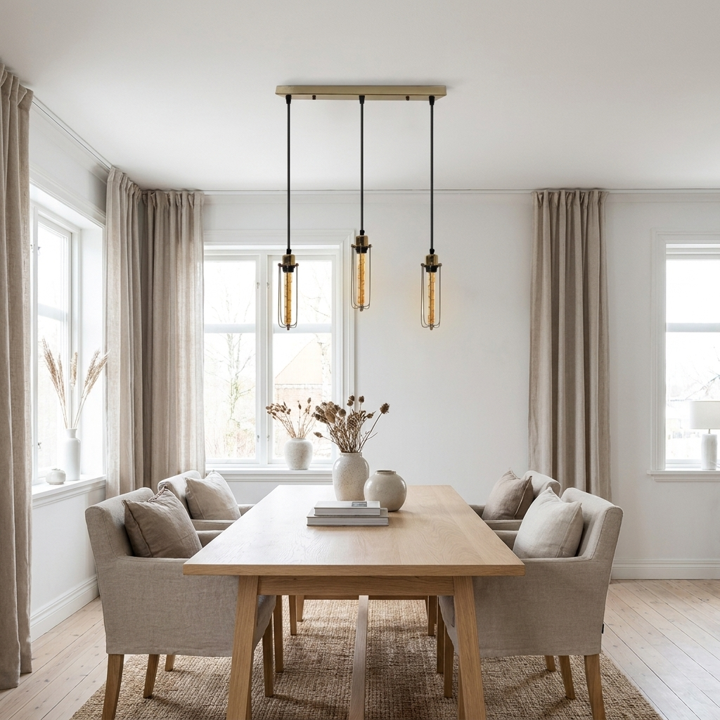 Cage Pendant Light Long Tube Cluster Fixture styled lifestyle image - Brushed Brass / Yes