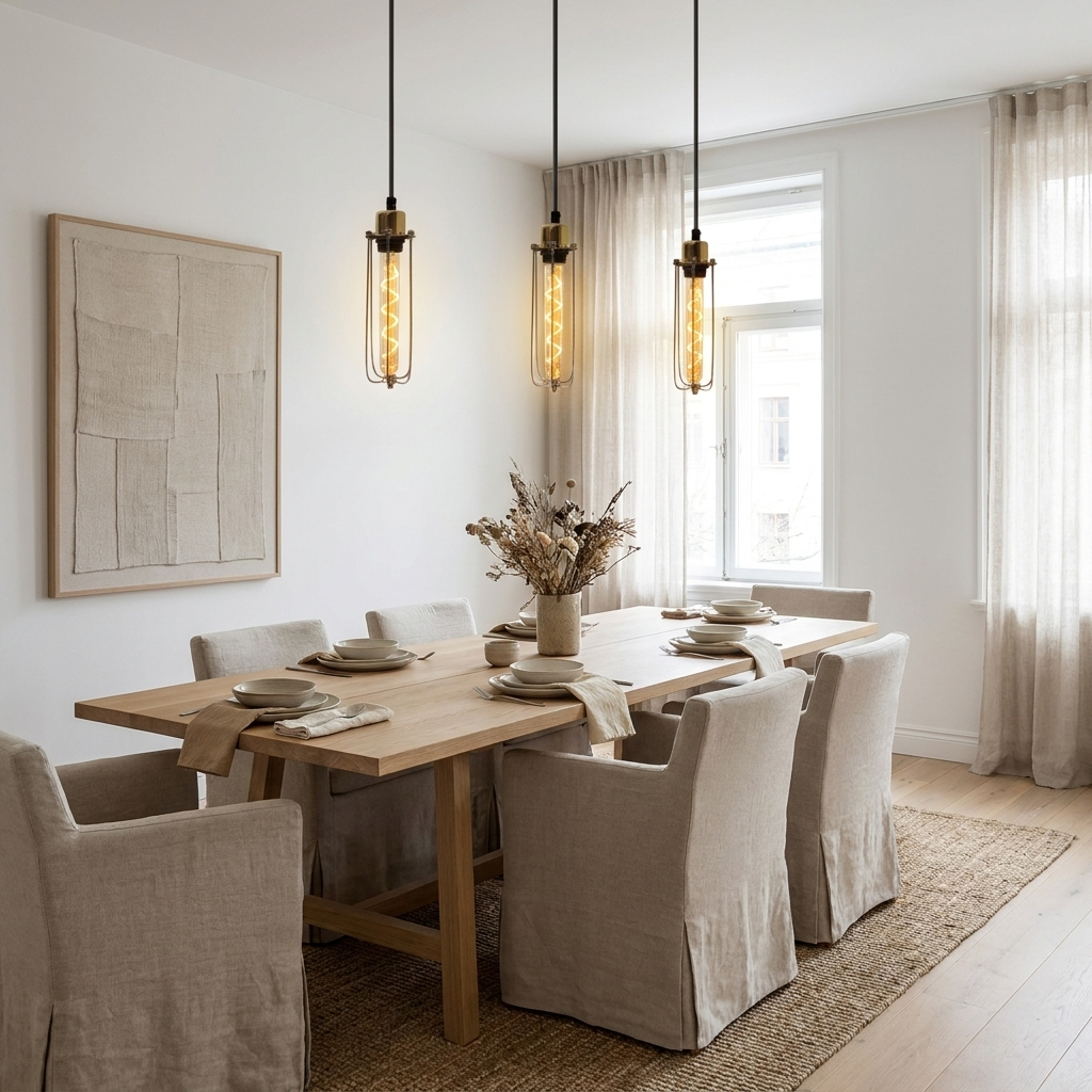 Cage Pendant Light Long Tube Cluster Fixture styled lifestyle image - French Gold / Yes