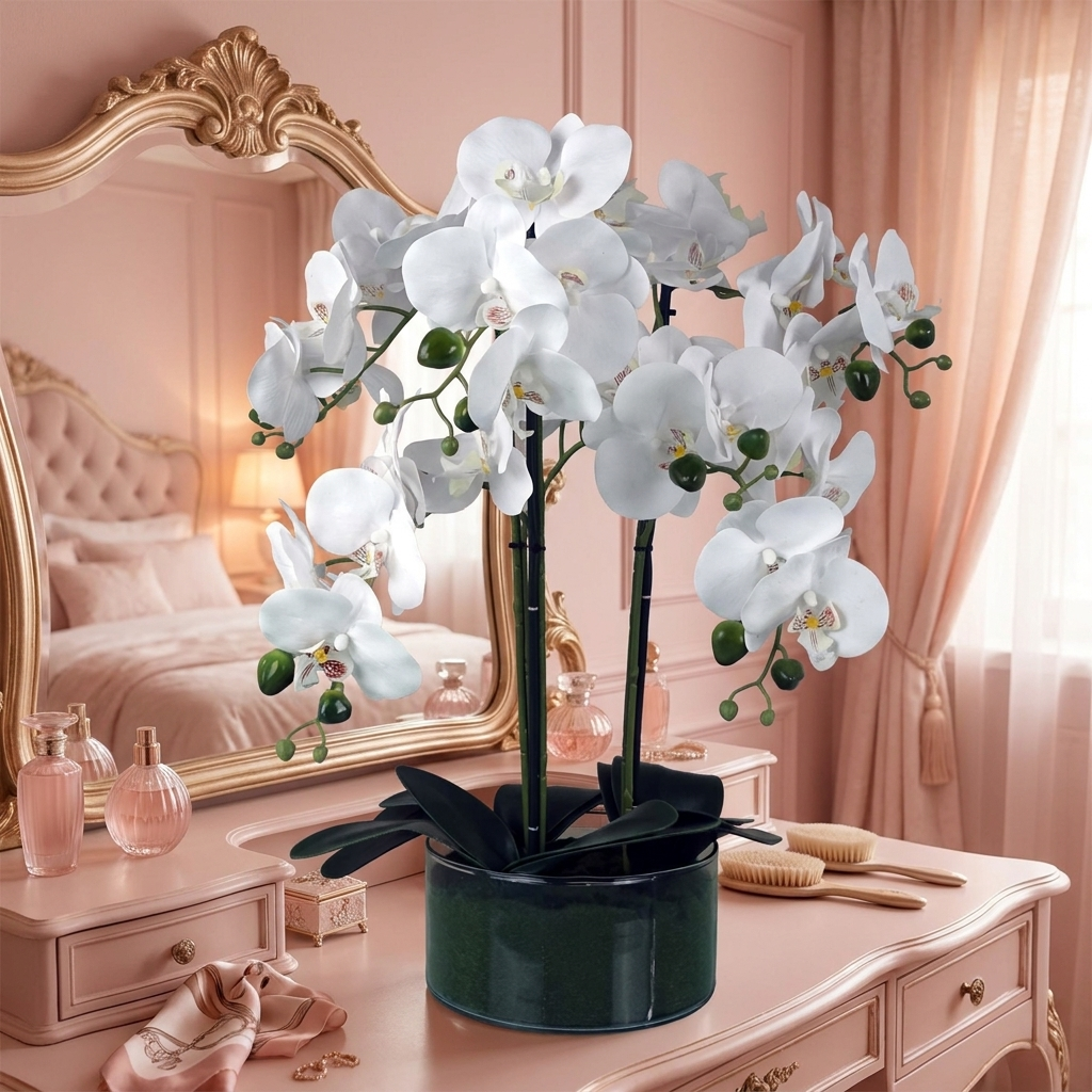Artificial Orchid with Glass Planter - White styled lifestyle image