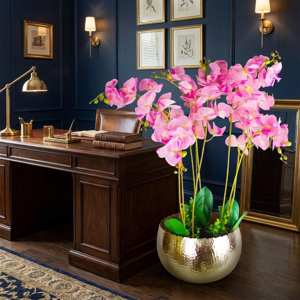 Artificial Orchid XL Metal Bowl Planter 70x70cm styled lifestyle image
