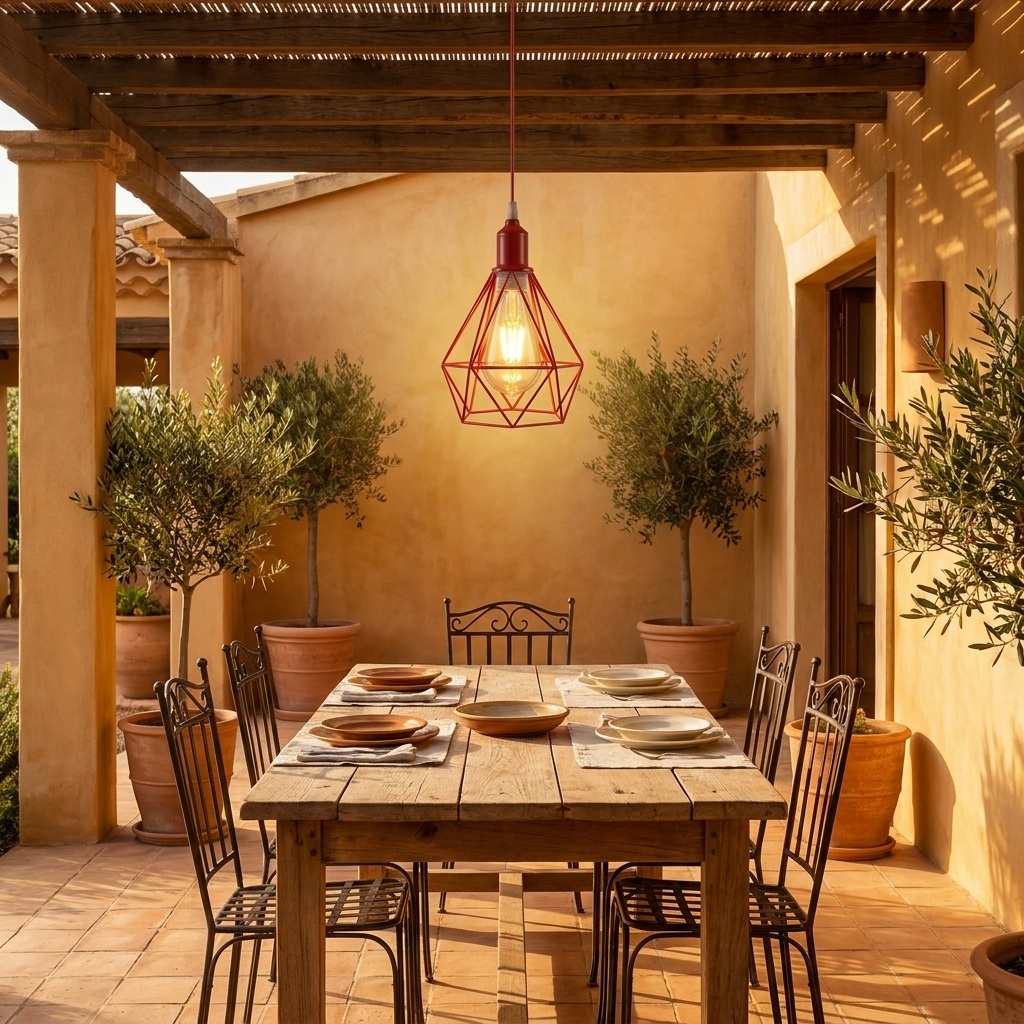 Industrial Metal Cage Ceiling Hanging Pendant Lights Lampshade styled lifestyle image - Red