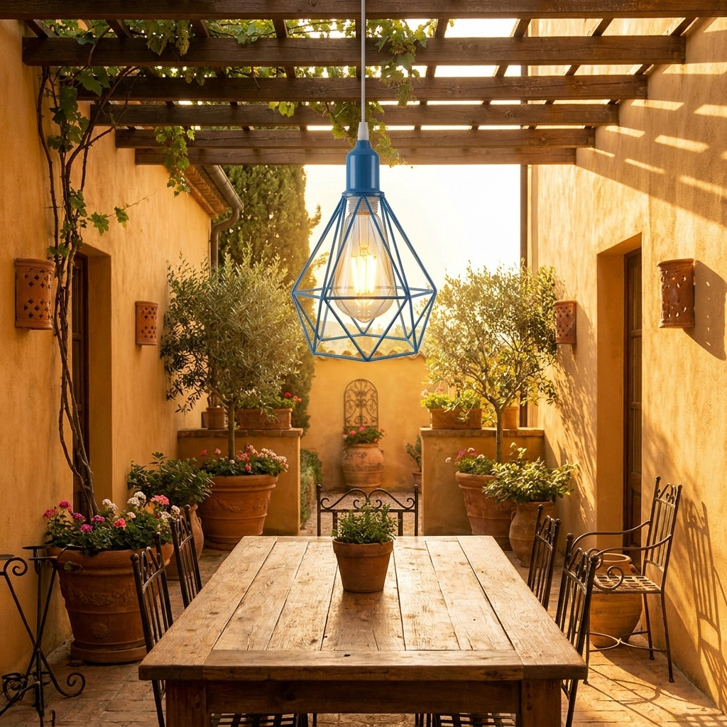 Industrial Metal Cage Ceiling Hanging Pendant Lights Lampshade styled lifestyle image - Blue