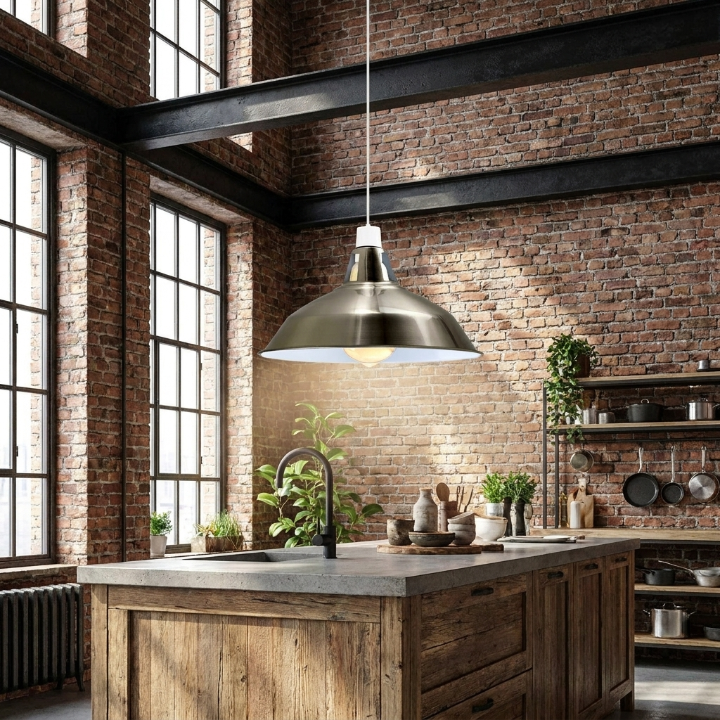 Satin nickel Barn Industrial Metal Fit Pendant Lamp Shade styled lifestyle image