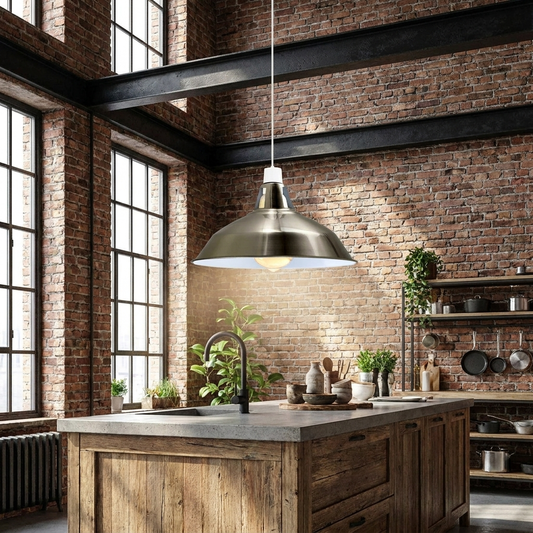 Satin nickel Barn Industrial Metal Fit Pendant Lamp Shade styled lifestyle image