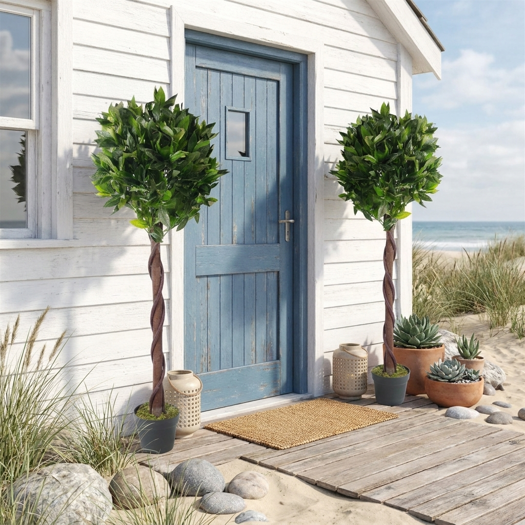 Artificial Topiary Bay Laurel Trees Pair 120cm Trunk styled lifestyle image