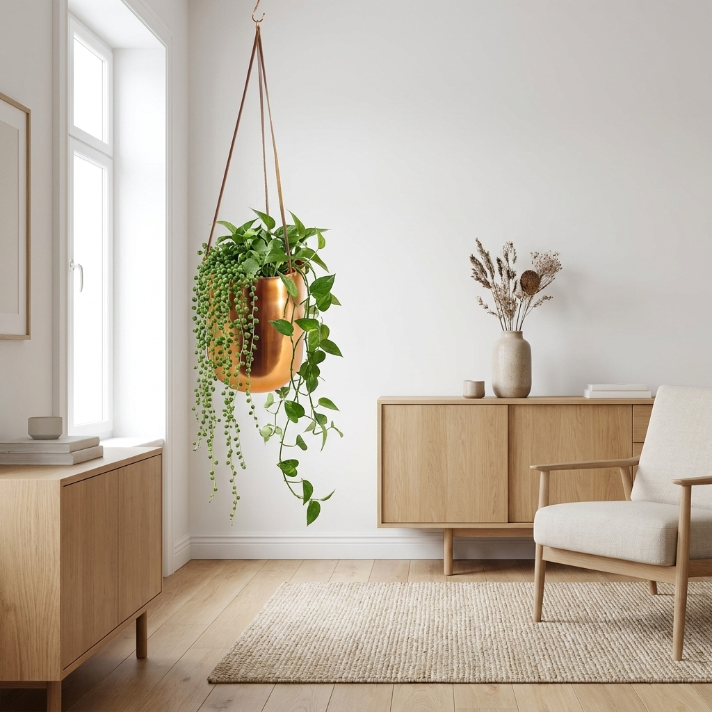Polished Copper Hanging Planter 18 x 22cm UK styled lifestyle image