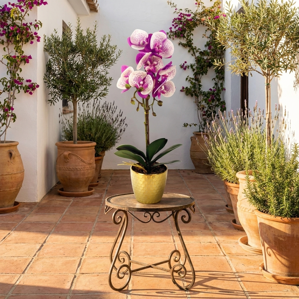 Orchid Artificial Purple White 50cm Gold Pot Phalaenopsis styled lifestyle image