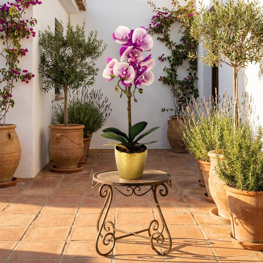 Orchid Artificial Purple White 50cm Gold Pot Phalaenopsis styled lifestyle image