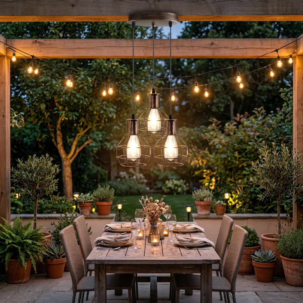 3-Light Hanging Brushed Brass Cage Pendent Fixture styled lifestyle image - Brushed Copper / Yes