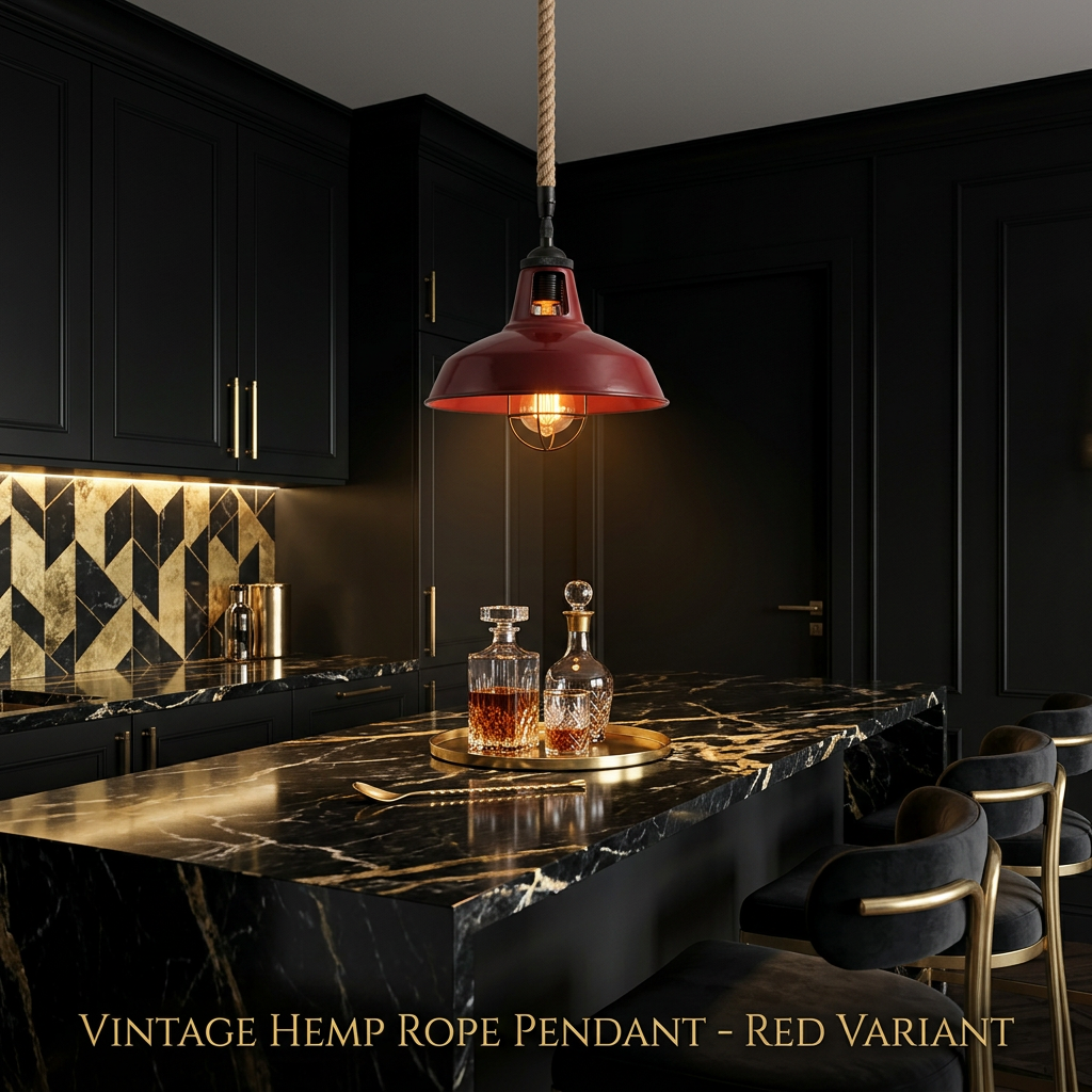 Vintage 2m Hemp Rope Pendant Ceiling Light Metal Shade Kitchen Bar styled lifestyle image - Red
