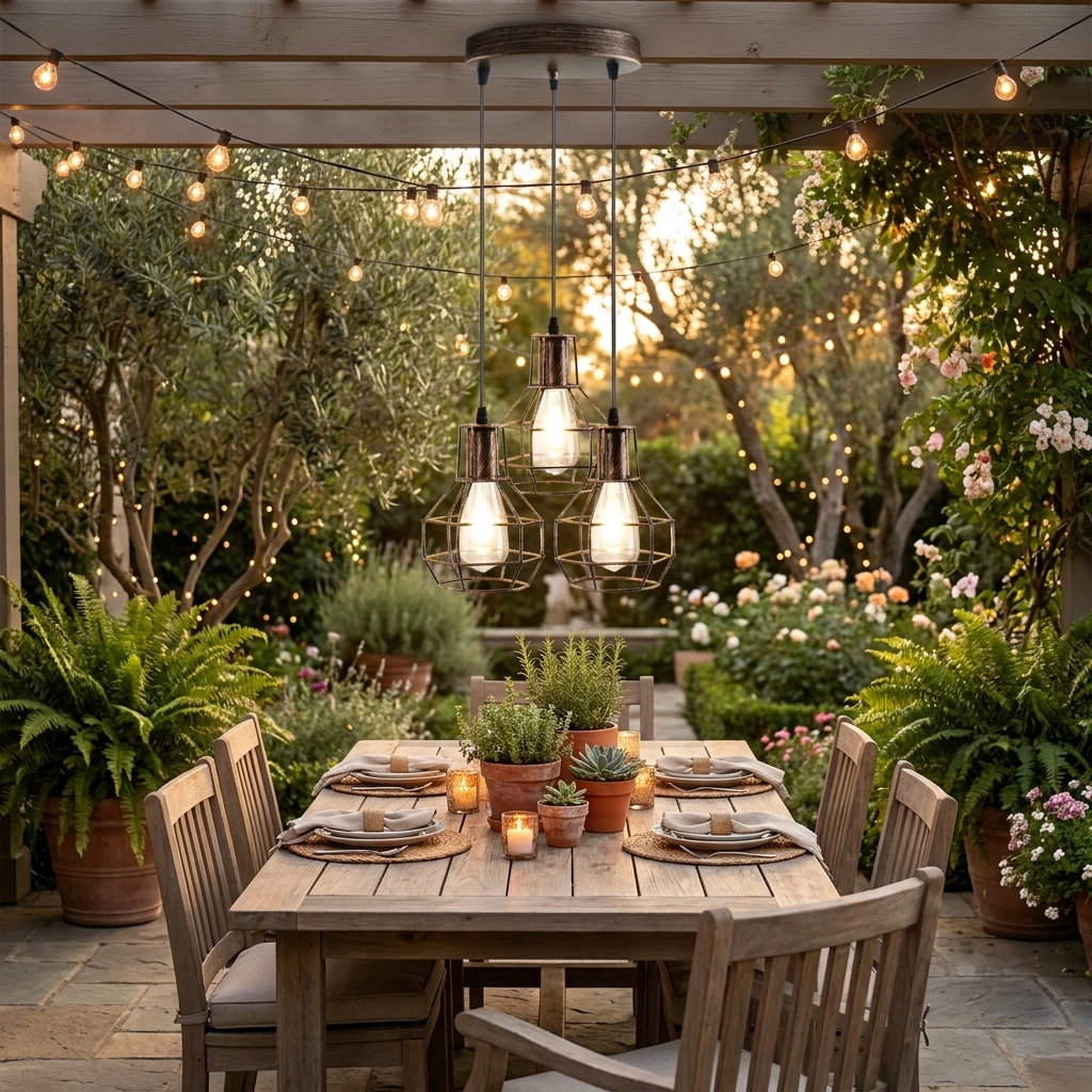 3-Light Hanging Brushed Brass Cage Pendent Fixture styled lifestyle image - Brushed Copper / No