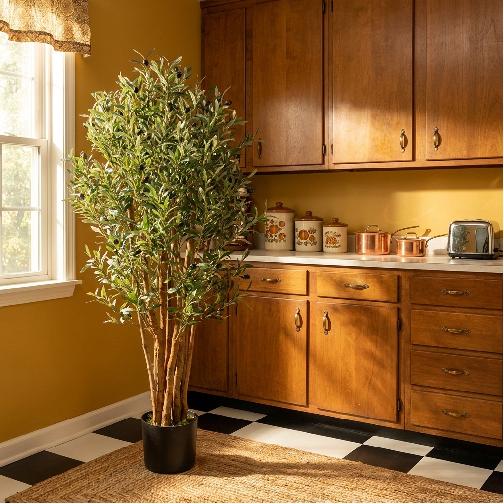 Artificial Olive Tree in Black Plastic Pot styled lifestyle image