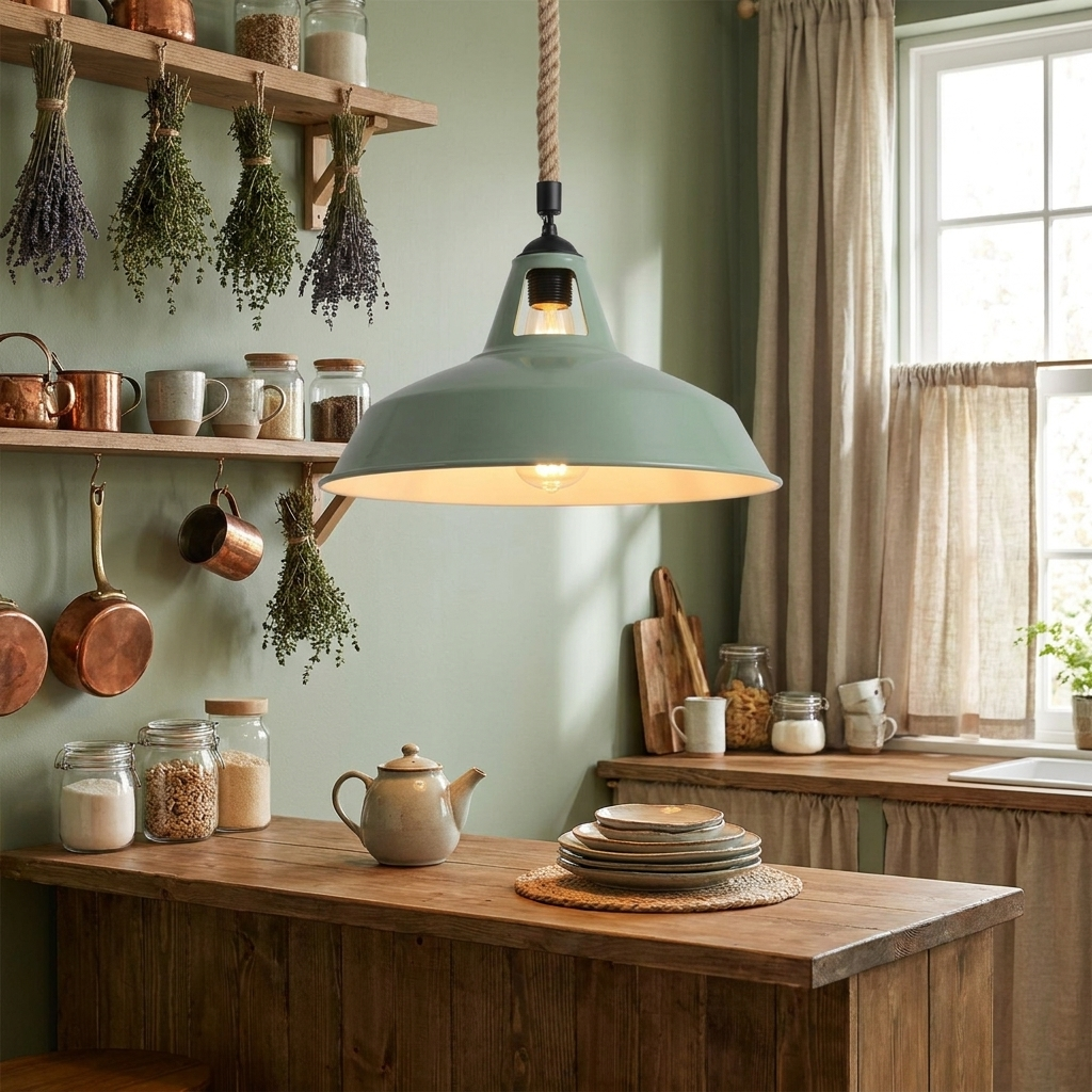 Industrial Metal Lamp Shade Hemp Rope Pendant Light Vintage Ceiling Fitting styled lifestyle image - Green