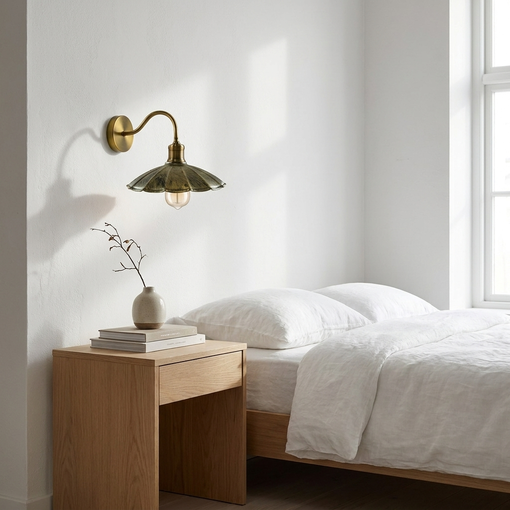 Vintage Swan Neck Wall Light 22cm Umbrella Shade E27 Brushed Brass styled lifestyle image