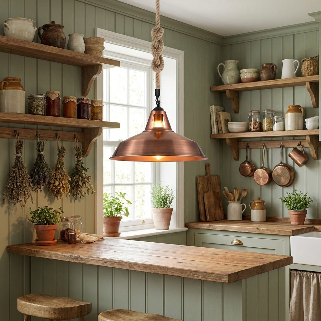 Industrial Metal Lamp Shade Hemp Rope Pendant Light Vintage Ceiling Fitting styled lifestyle image - Brushed Copper