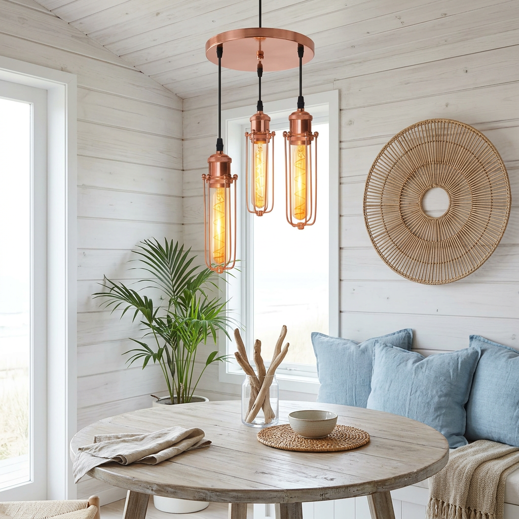 E27 Rose Gold Wire Ceiling Retro Pendent Light styled lifestyle image - 3 Head Round / Yes