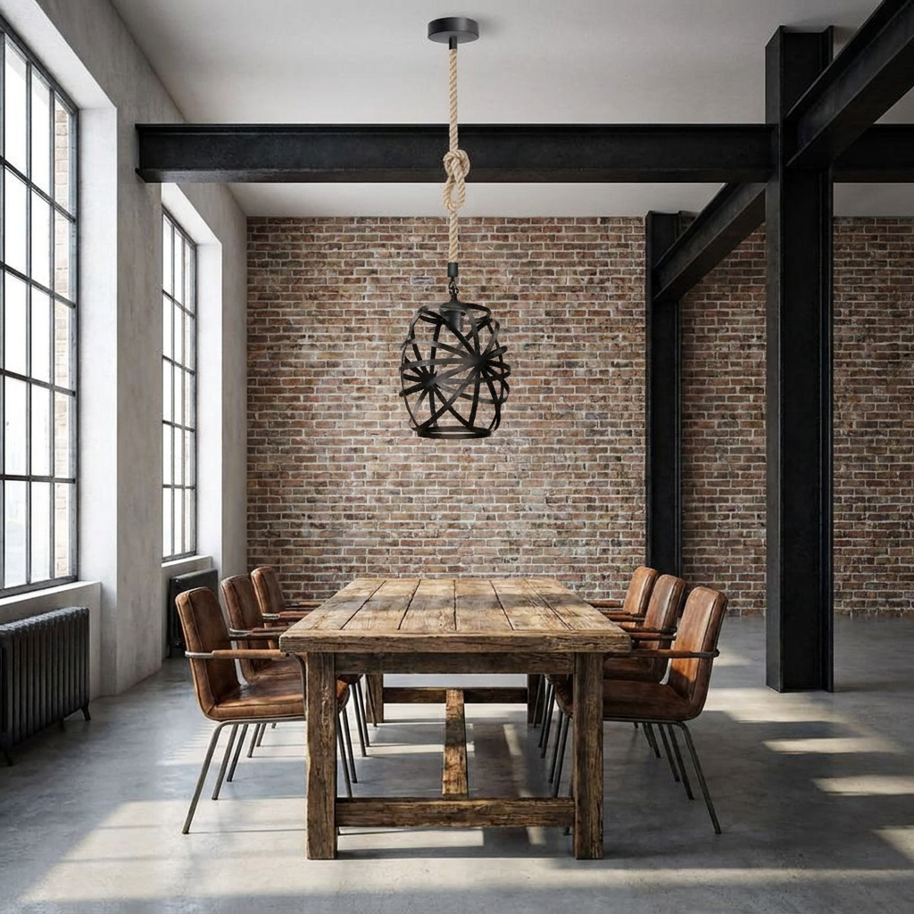 Metal Cage Hemp Rope Black Pendant Light - 50CM / No styled lifestyle image