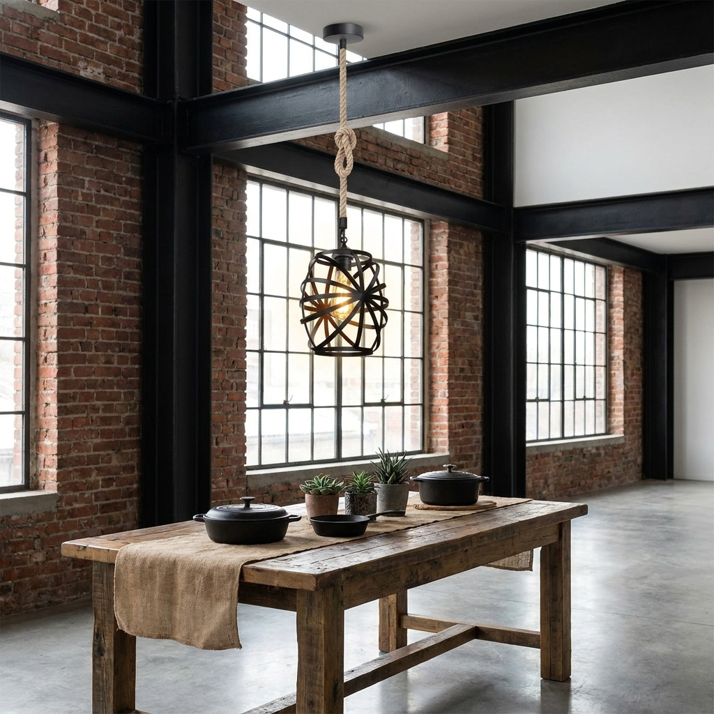 Metal Cage Hemp Rope Black Pendant Light - 50CM / Yes styled lifestyle image