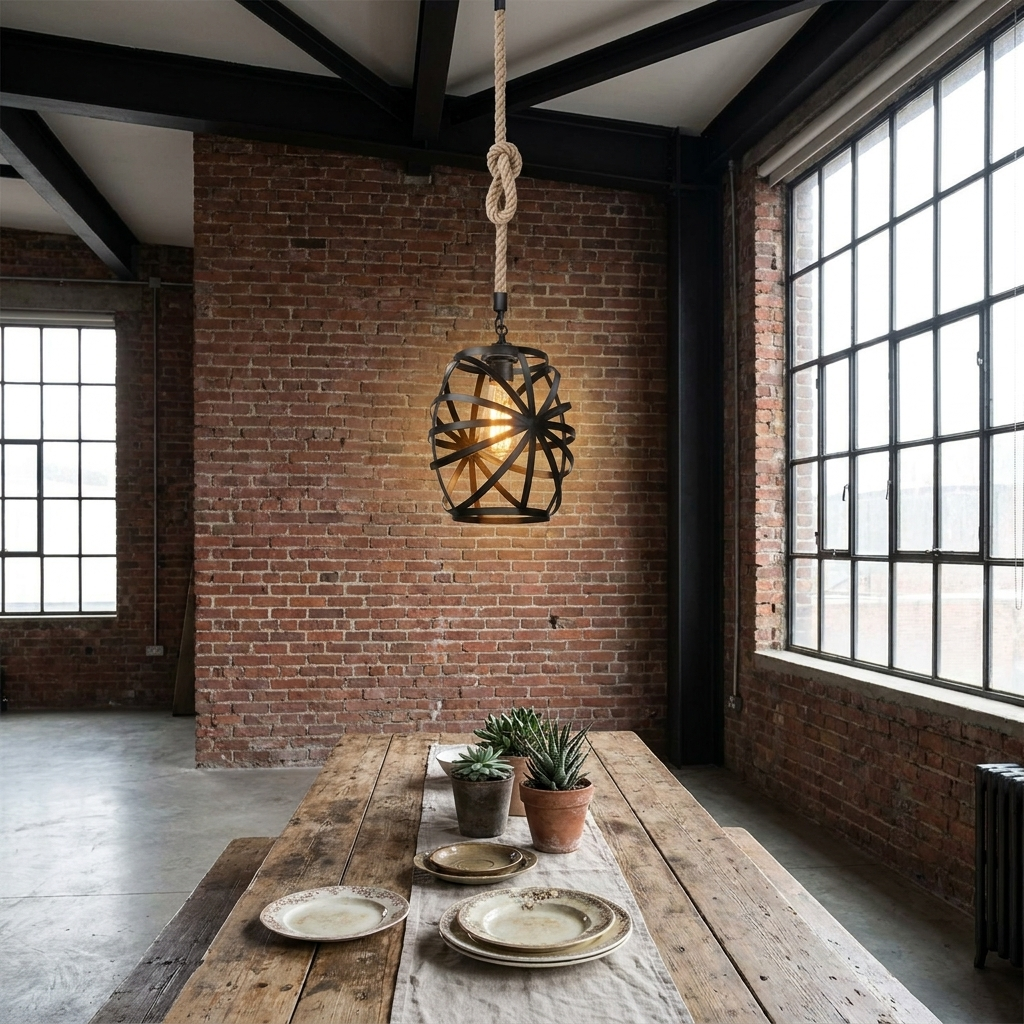 Metal Cage Hemp Rope Black Pendant Light - 200CM / Yes styled lifestyle image
