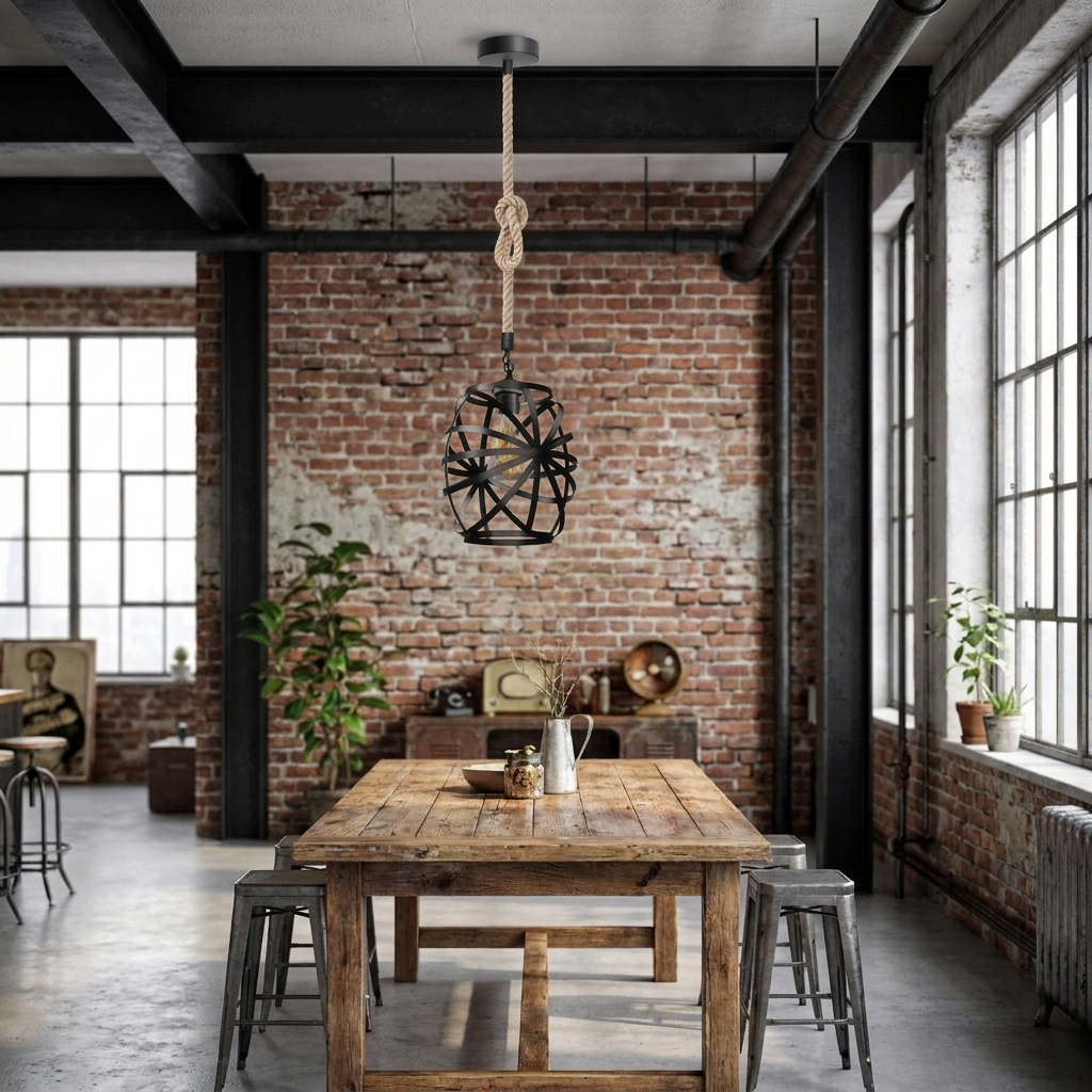 Metal Cage Hemp Rope Black Pendant Light - 100CM / No styled lifestyle image