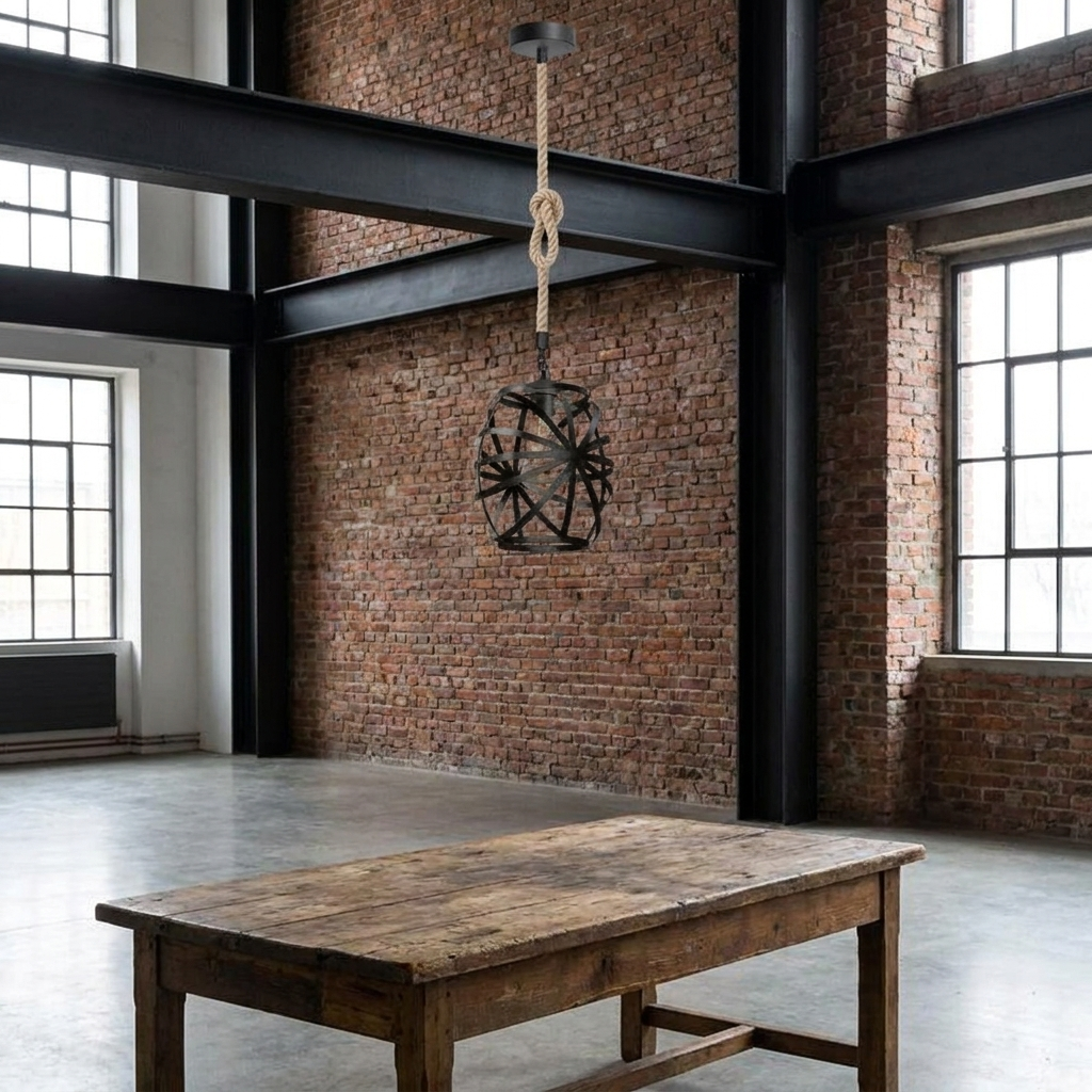Metal Cage Hemp Rope Black Pendant Light - 200CM / No styled lifestyle image